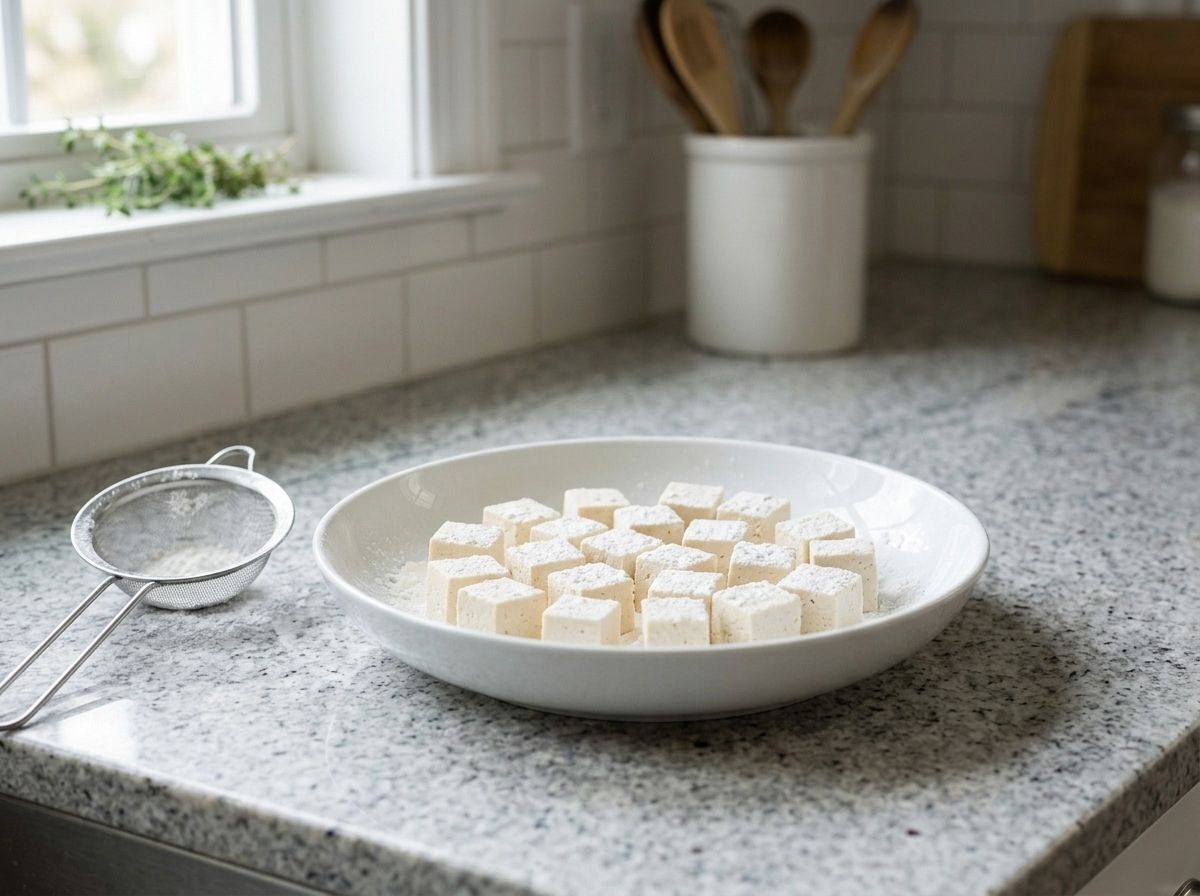 Tofu cubes tossed in cornstarch until every face is dusted matte white