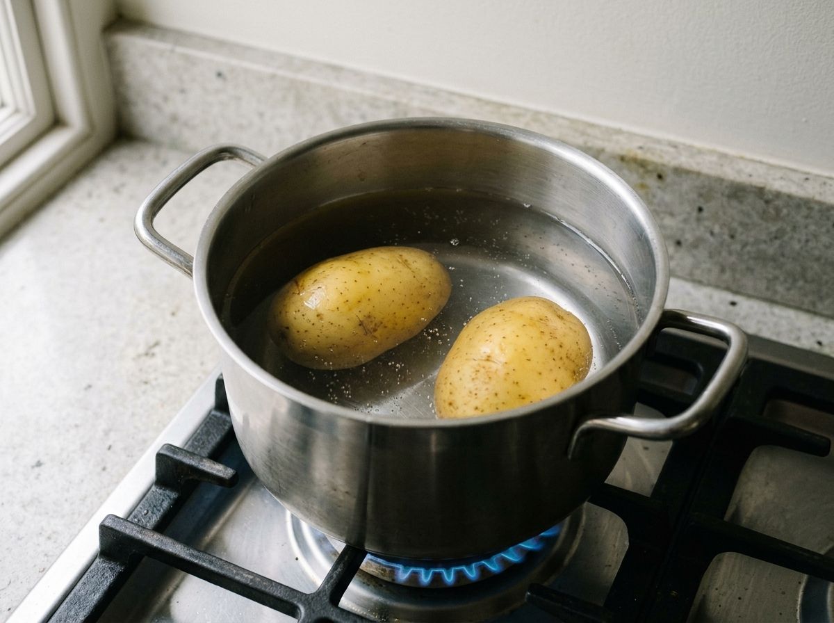 Two whole unpeeled potatoes fully covered with water in a stainless steel saucepan on the hob.