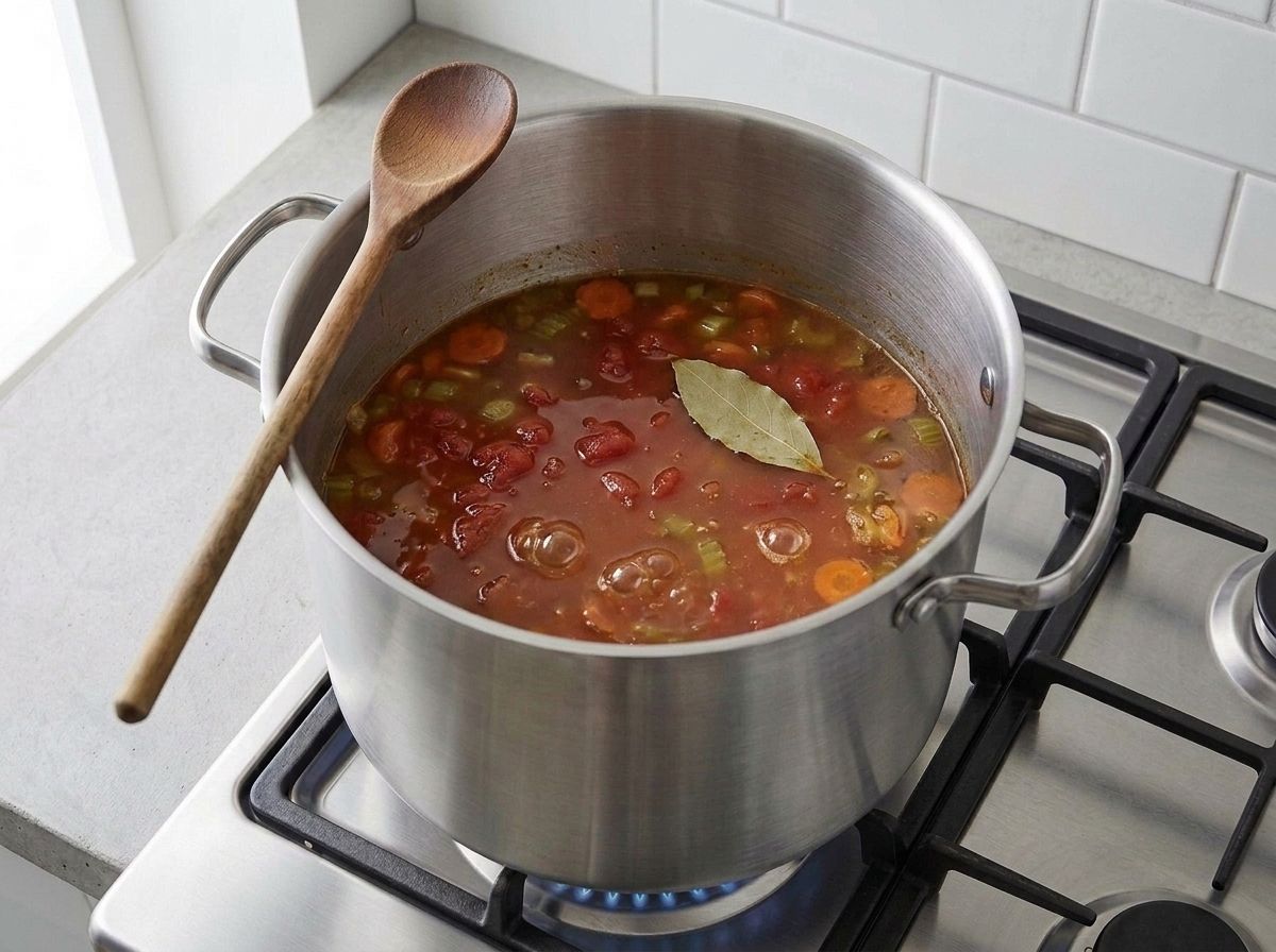 Broth and canned tomatoes poured into the pot with a bay leaf, coming up to a boil