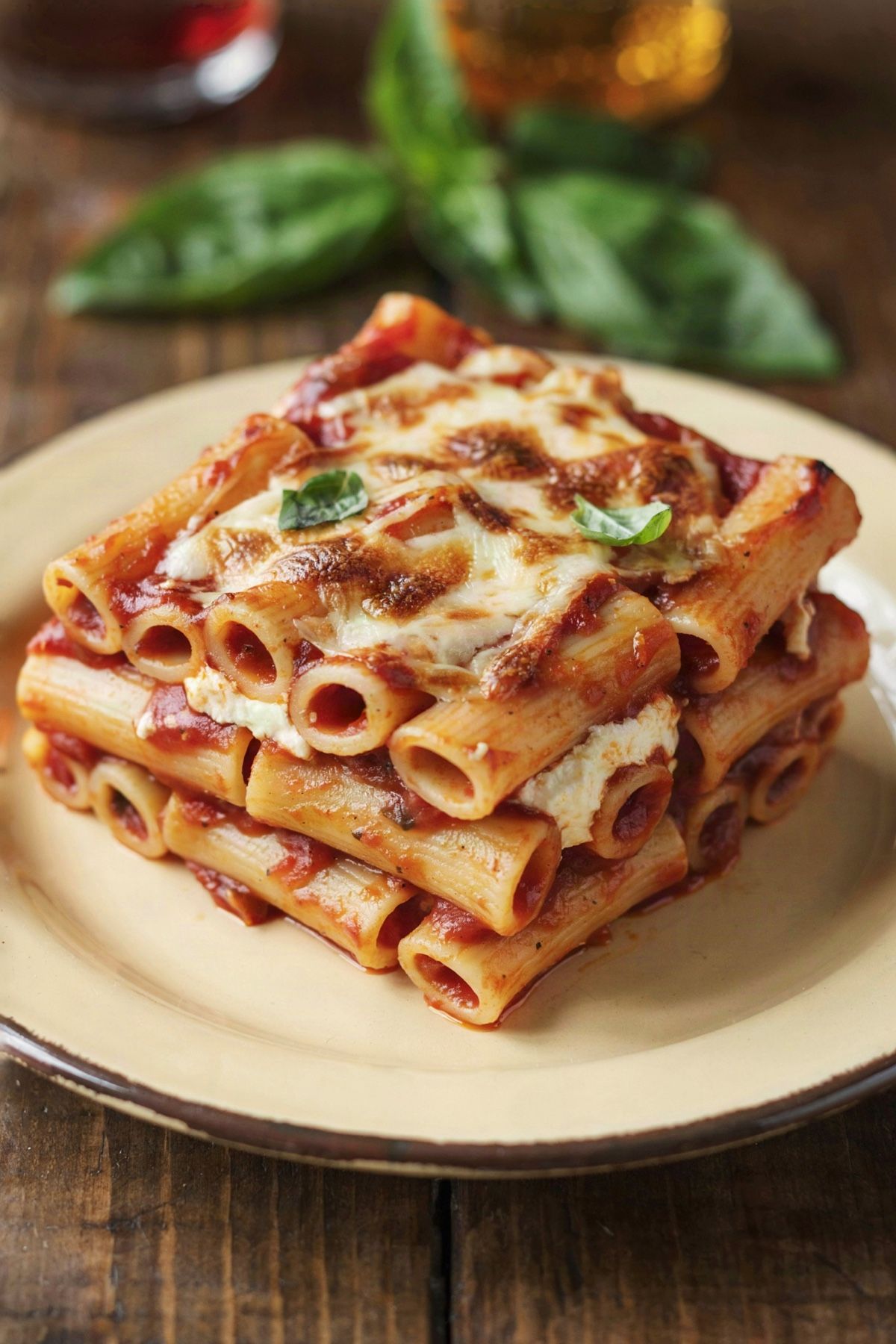 Vegetarian baked ziti served as a square on a cream plate, pasta tubes in brick red marinara with a ricotta layer through the middle and a browned mozzarella top, finished with fresh basil
