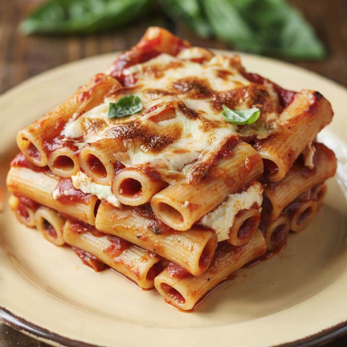 Vegetarian baked ziti served as a square on a cream plate, pasta tubes in brick red marinara with a ricotta layer through the middle and a browned mozzarella top, finished with fresh basil