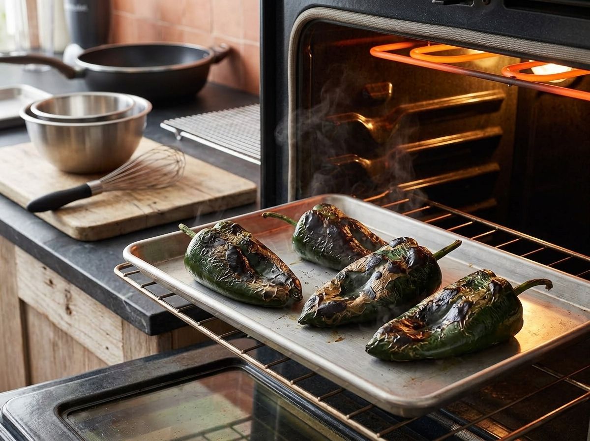 Four poblano chiles on a baking sheet under a hot broiler, skins blackened and blistered