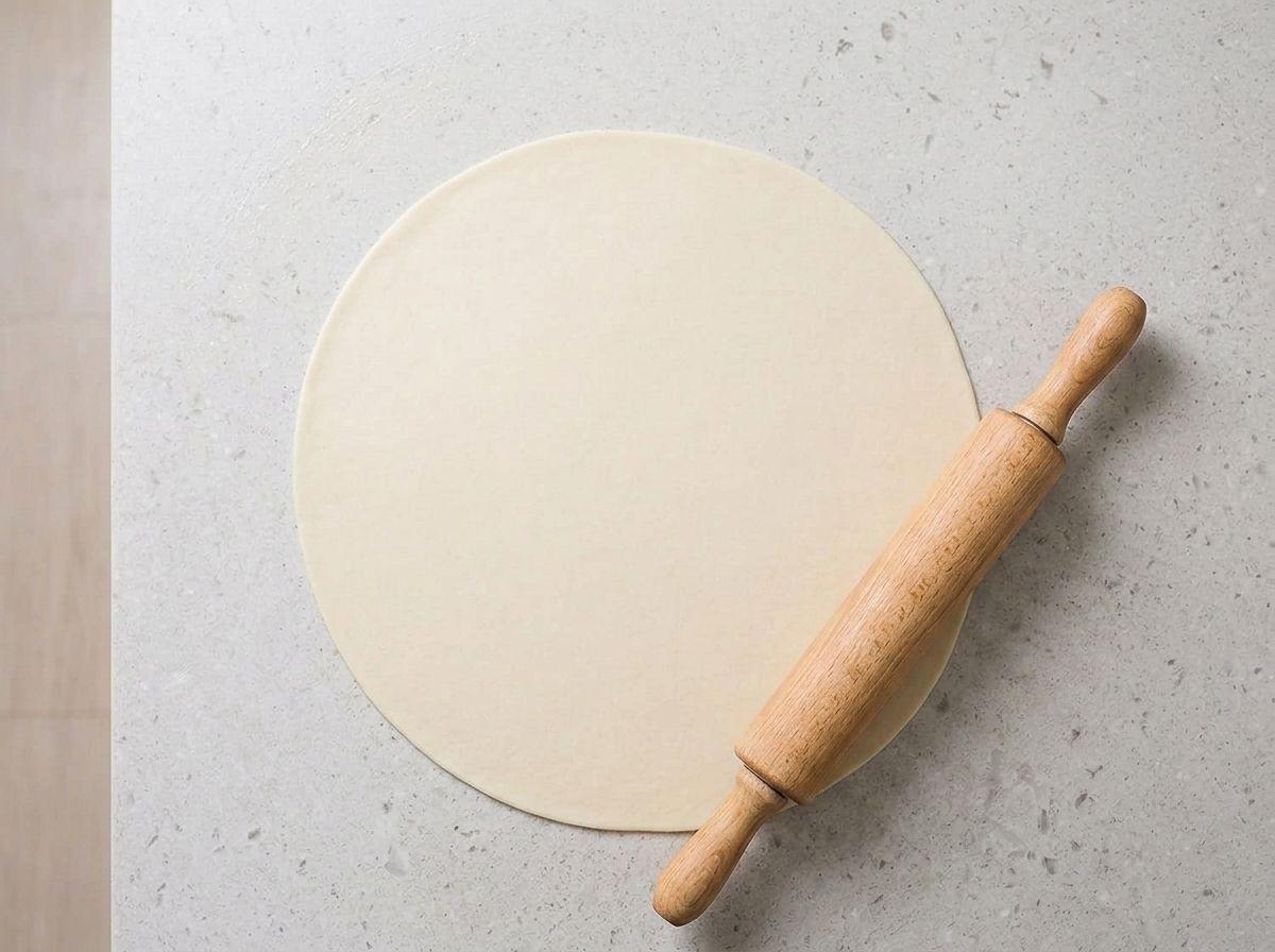 The rested dough rolled out into one large thin even sheet with a wooden rolling pin.