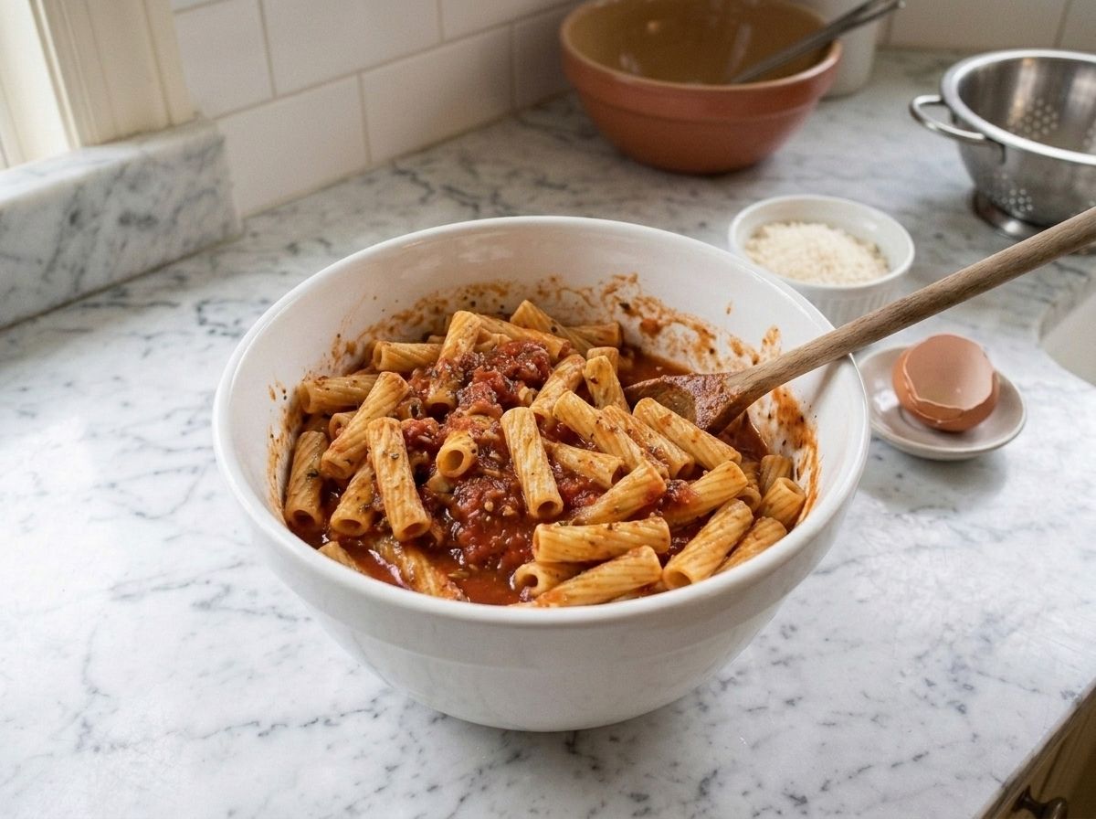 Drained ziti turned through marinara in a white bowl, every tube coated and deliberately wet