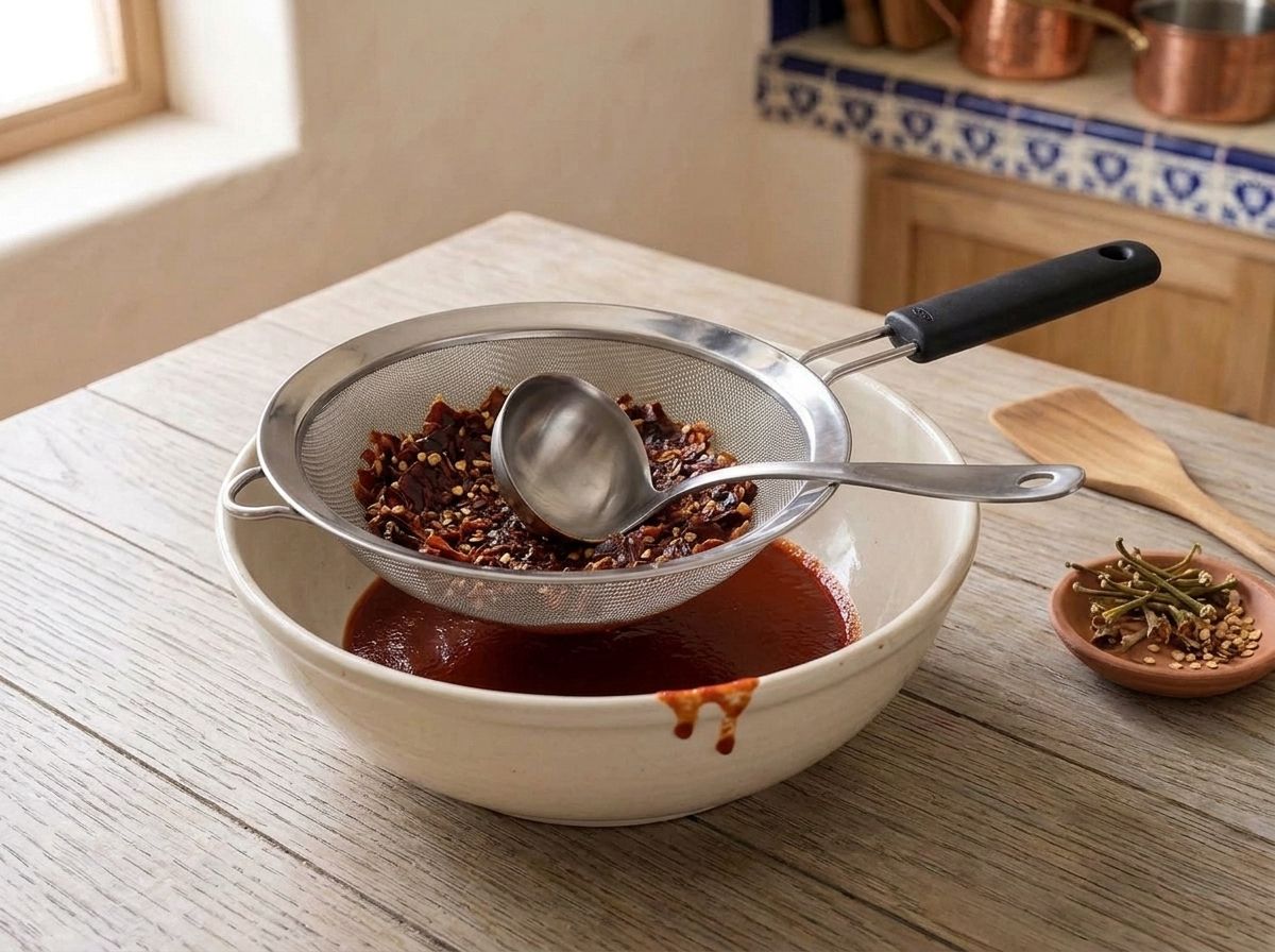 The chile puree pressed through a fine mesh strainer, dark skins left behind in the mesh