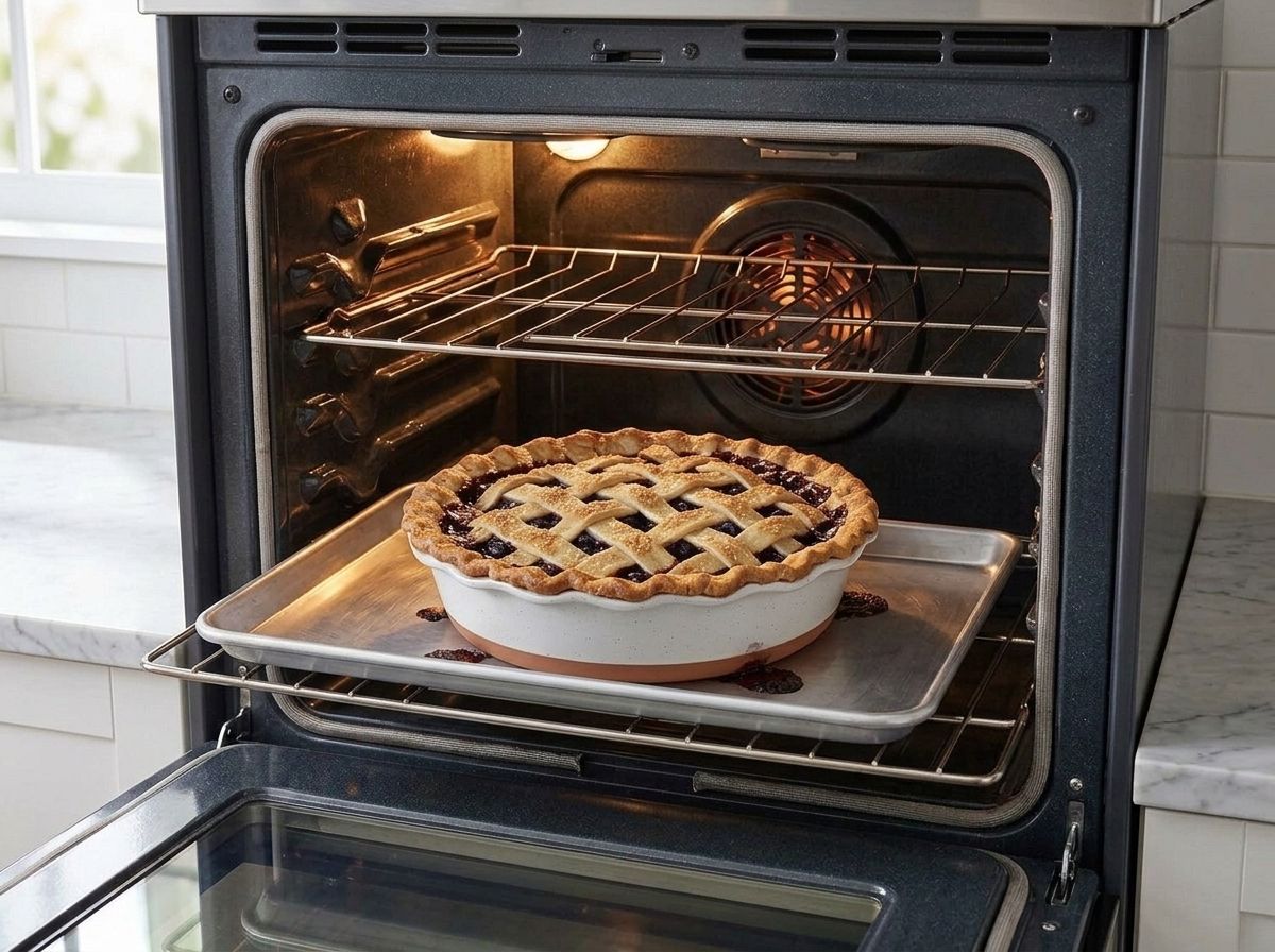 The pie baking on the hot baking sheet, its lattice deep golden and the filling bubbling through the gaps