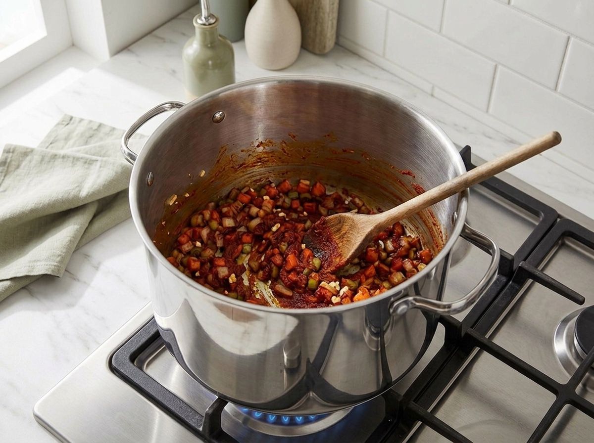 Garlic and tomato paste stirred through the softened vegetables until the paste darkens to brick