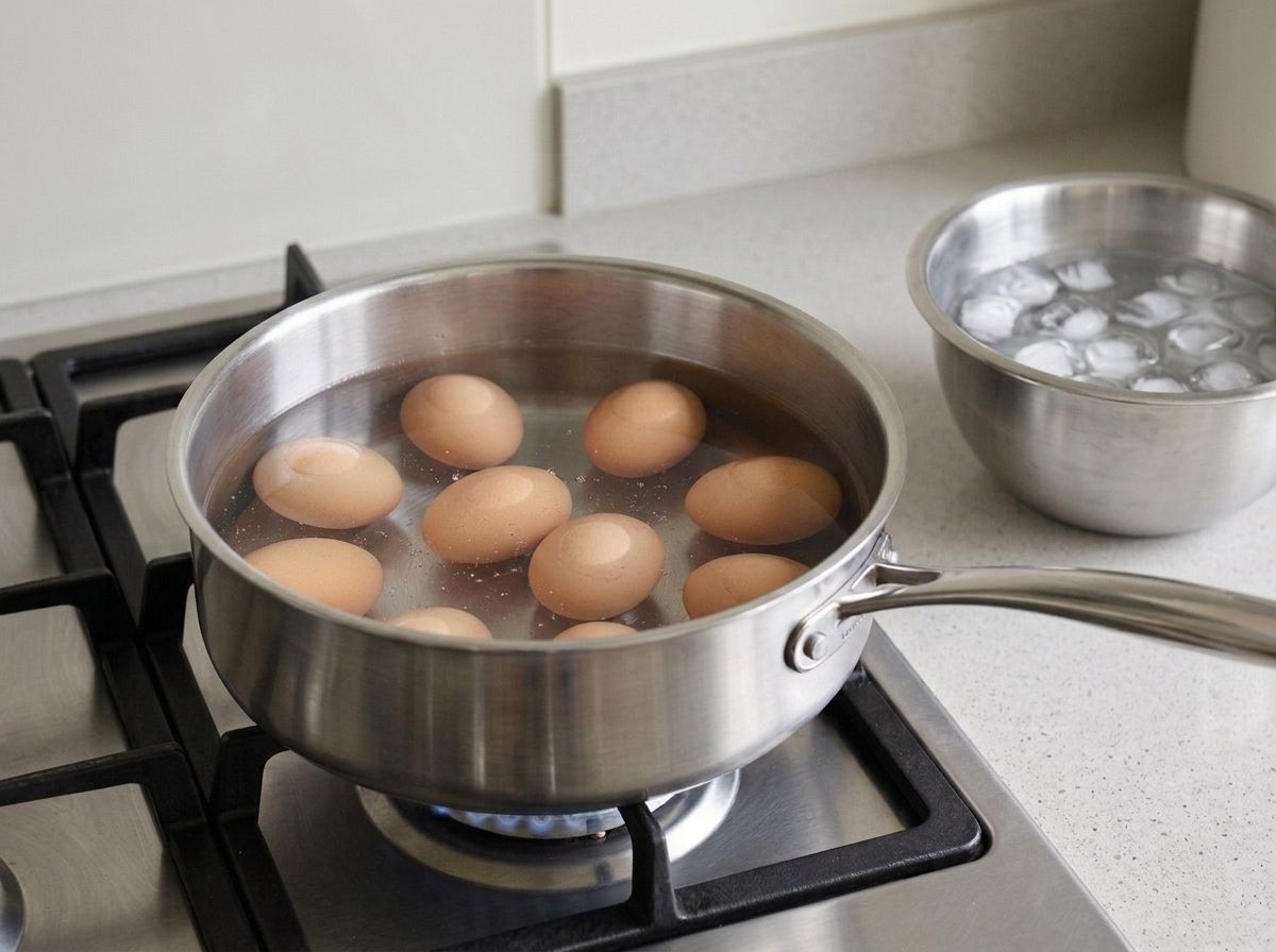 Eight eggs simmering in a stainless steel saucepan of water, with a bowl of ice water waiting beside the hob.