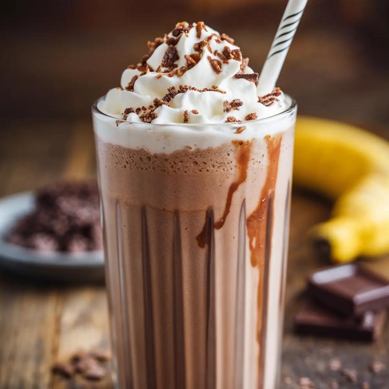 Vegan chocolate milkshake in a glass with vegan whipped cream topping.