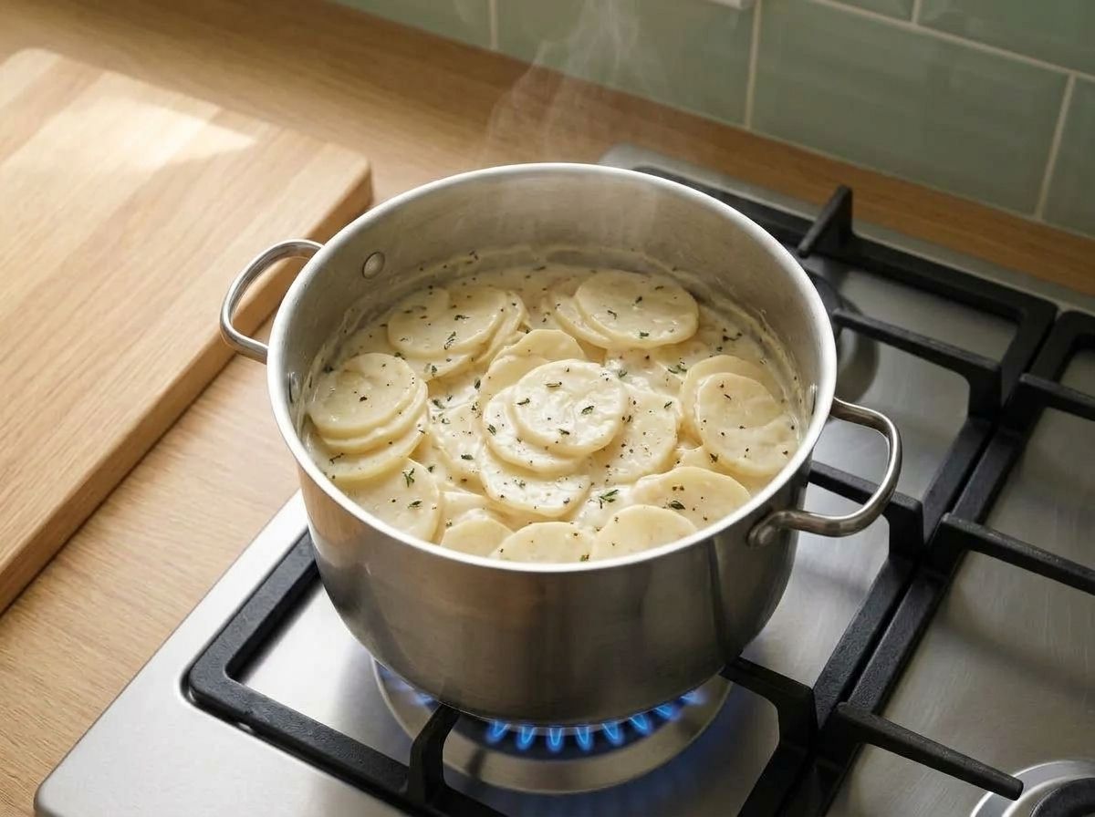 Wafer-thin potato slices folded through the ivory sauce and simmering until their edges begin to give.