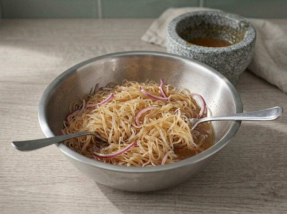 Drained noodles tossed with the dressing and red onion before the vegetables go in
