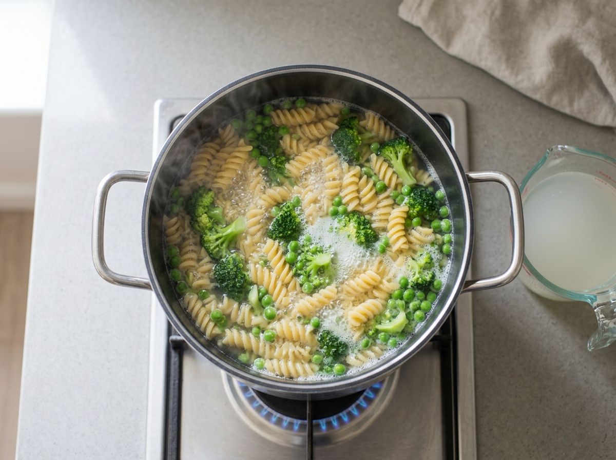 Fusilli boiling in a stainless steel pot with broccoli florets and peas added to the water, a measuring cup of reserved pasta water beside the hob