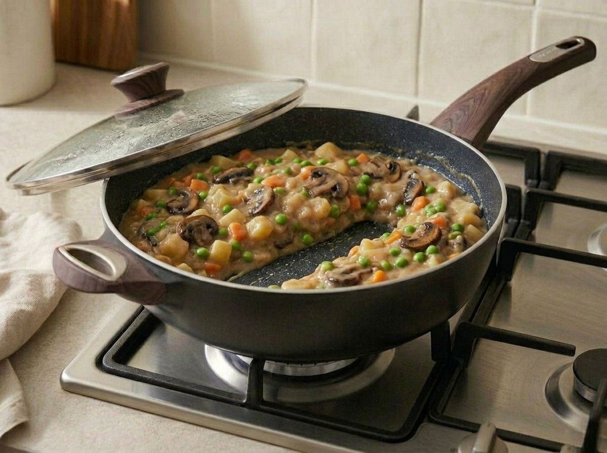 A spoon dragged through the finished filling leaves a channel that holds its shape, mushrooms and peas stirred in