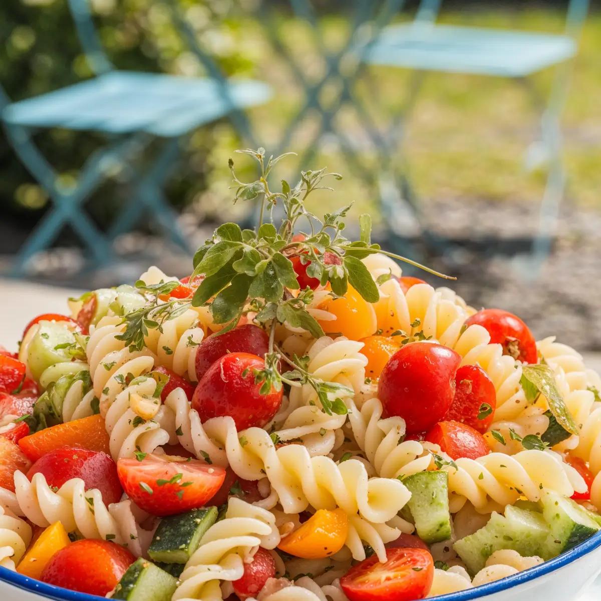 A vibrant pasta and vegetable salad with cherry tomatoes, cucumbers, bell peppers, and a light dressing.