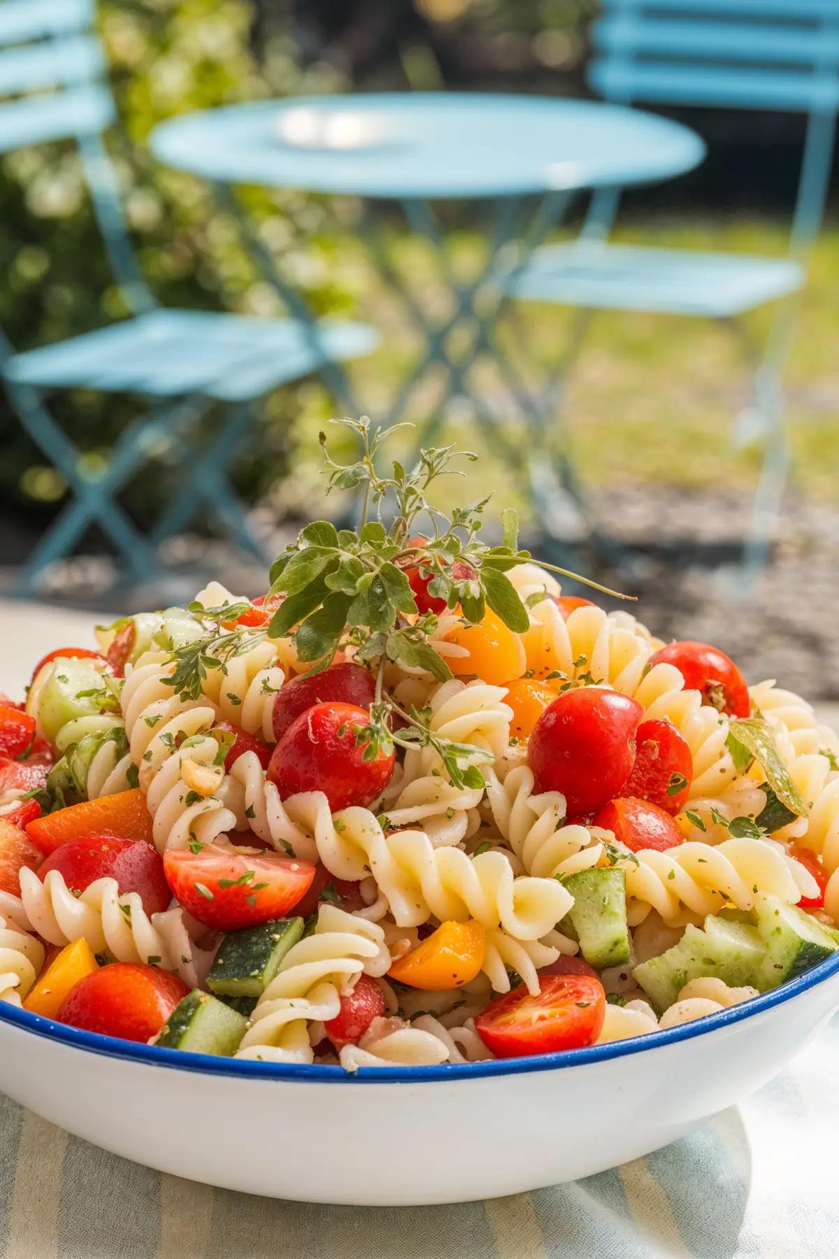 A vibrant pasta and vegetable salad with cherry tomatoes, cucumbers, bell peppers, and a light dressing.