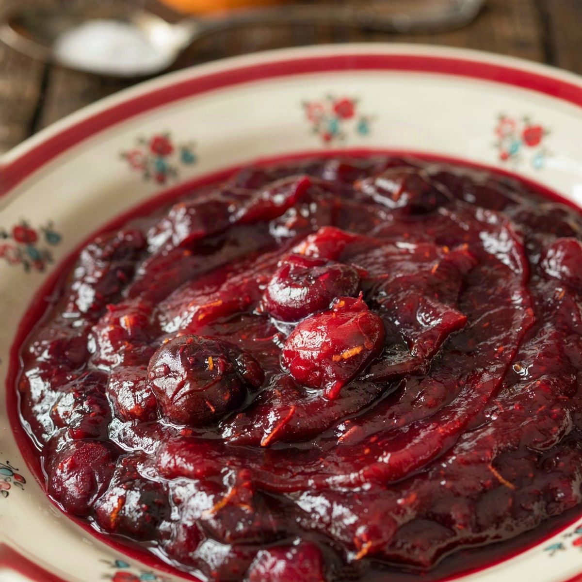 Cranberry orange sauce set thick in a cream floral bowl, dark crimson and glossy with burst berries and flecks of orange zest