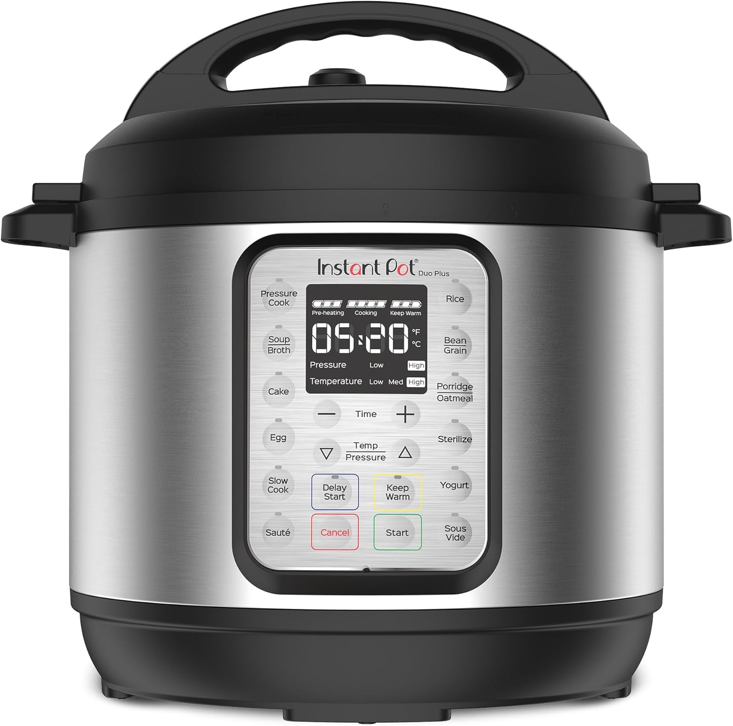 Stainless steel Instant Pot Duo Plus with a black lid and a lit control panel