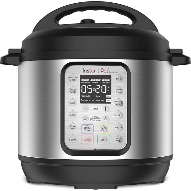 Stainless steel Instant Pot Duo Plus with a black lid and a lit control panel