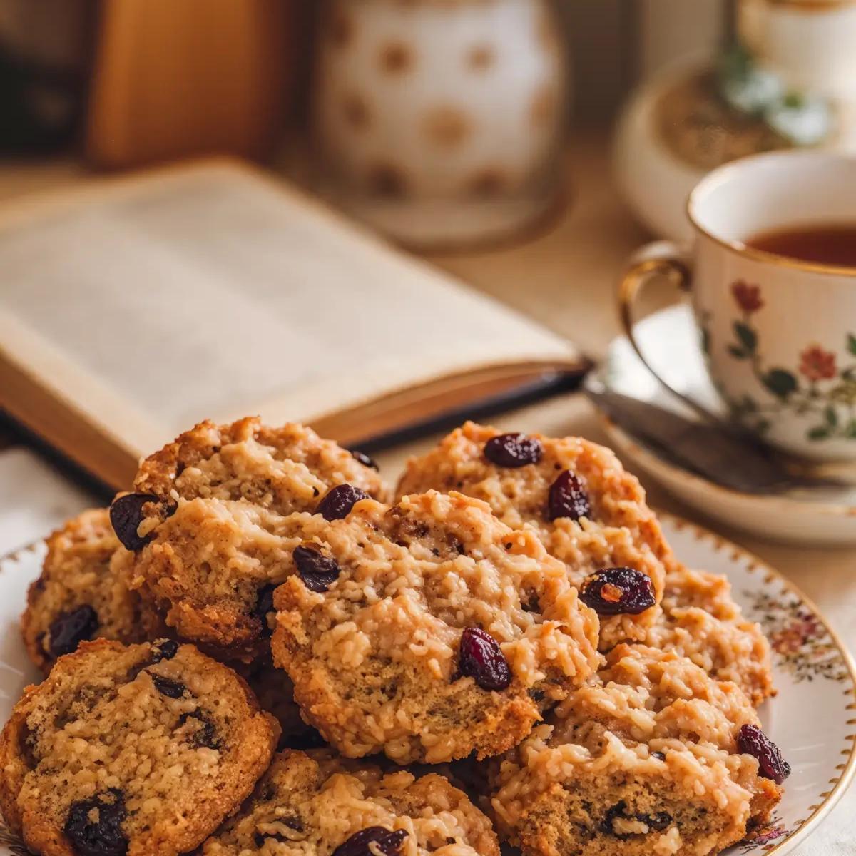 Stack of vegan oatmeal cookies on a white plate with scattered oats.
