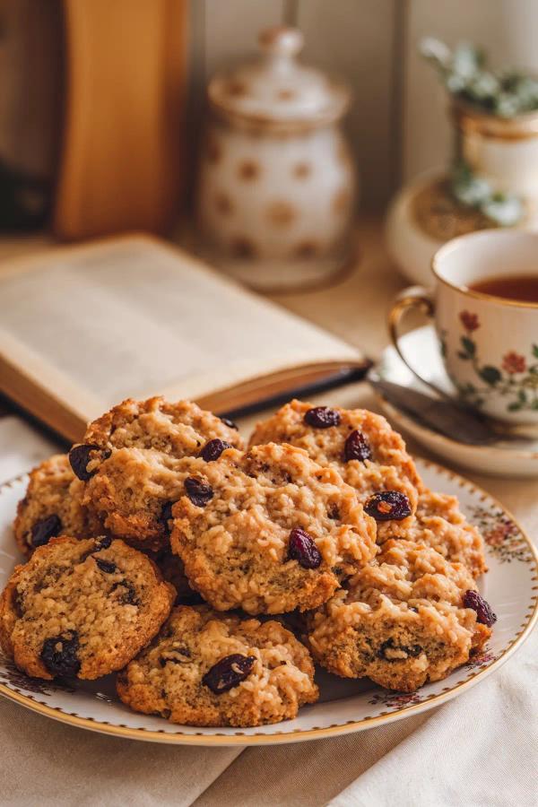 Stack of vegan oatmeal cookies on a white plate with scattered oats.