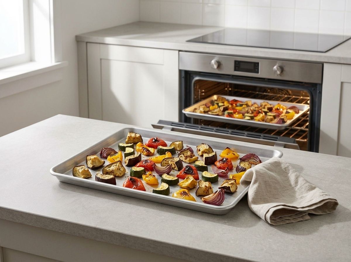 A sheet of roasted vegetables just out of the oven, browned at the edges in a single layer, with the second sheet still on the rack behind