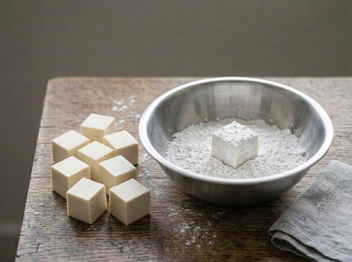 Cubes of tofu beside a bowl of potato starch, one cube rolled in a matte white coating