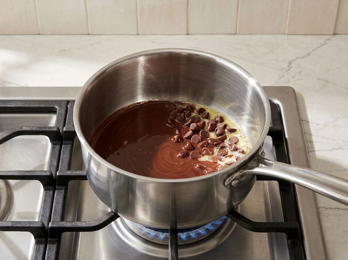 Chocolate chips melting into butter in a saucepan over a low gas flame, about two thirds smooth