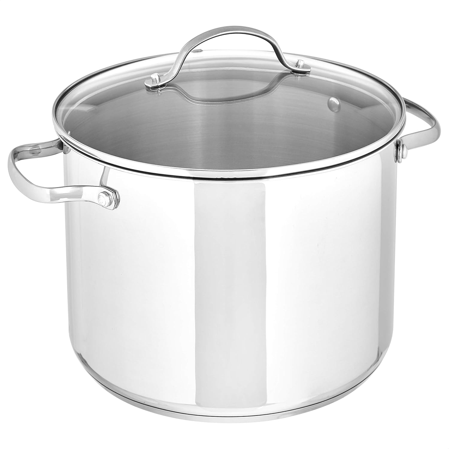 Polished stainless steel stockpot with a glass lid and riveted side handles