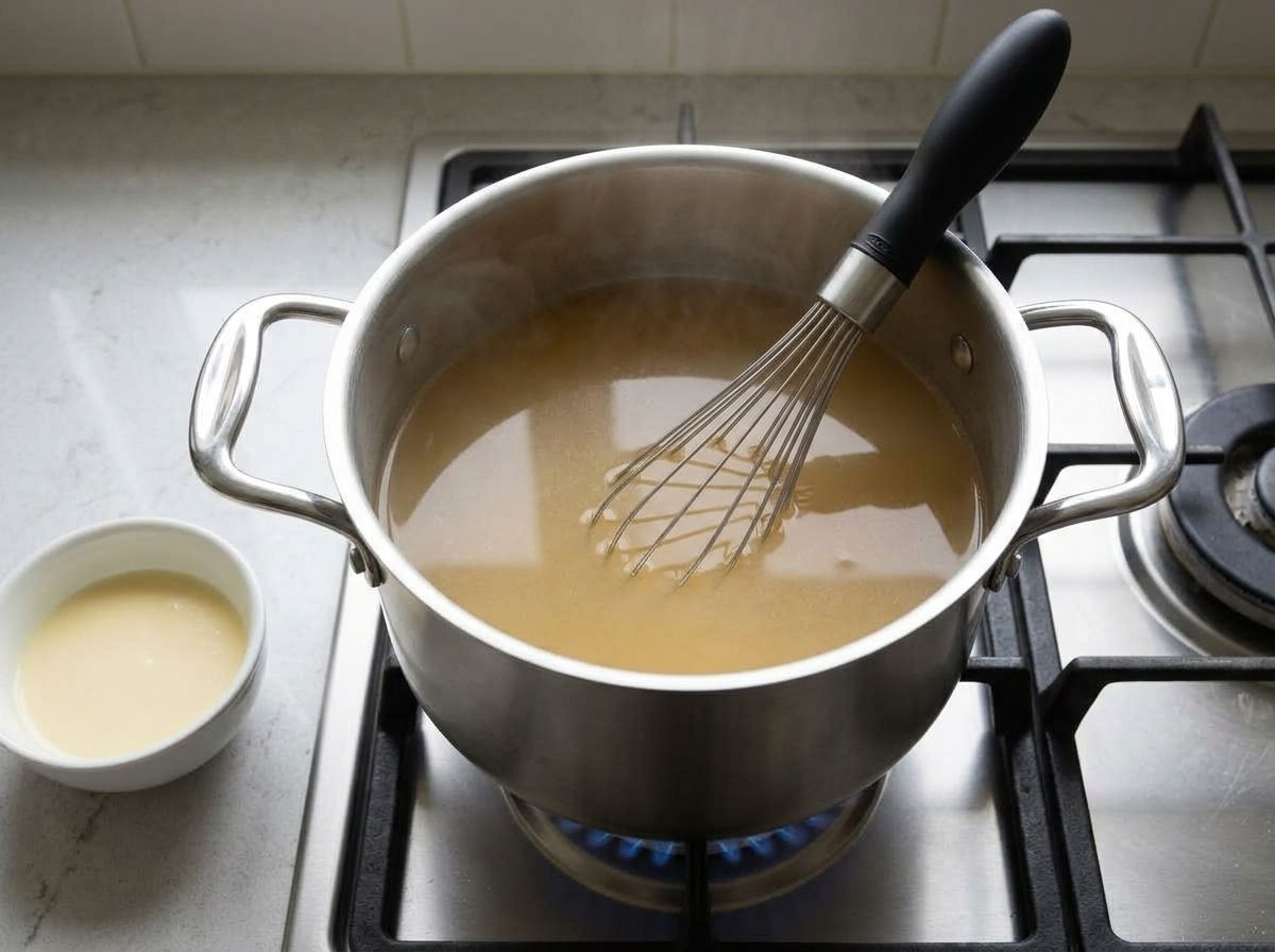 Hot vegetable broth in a steel saucepan with the chickpea flour slurry ready beside it.