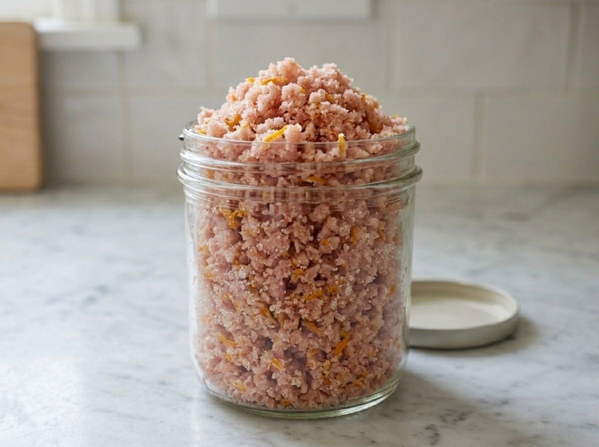 Freshly ground relish scraped into a glass jar, still dry and heaped up above the rim