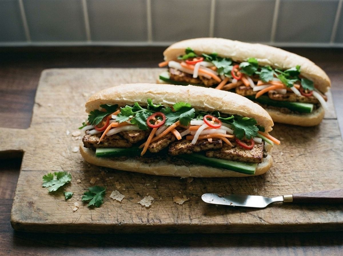 Two finished tofu banh mi on a wooden board, filling bulging along the length with pickles, cucumber, cilantro and chile.