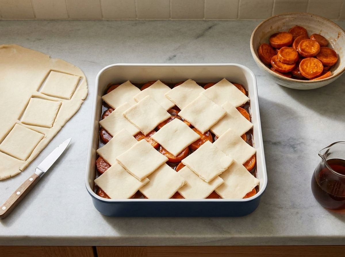 Raw pastry squares laid over sweet potatoes and syrup inside the baking pan