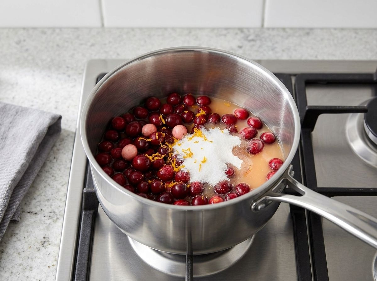 Cranberries, orange juice, sugar and zest in a saucepan before heating, the sugar still undissolved on top
