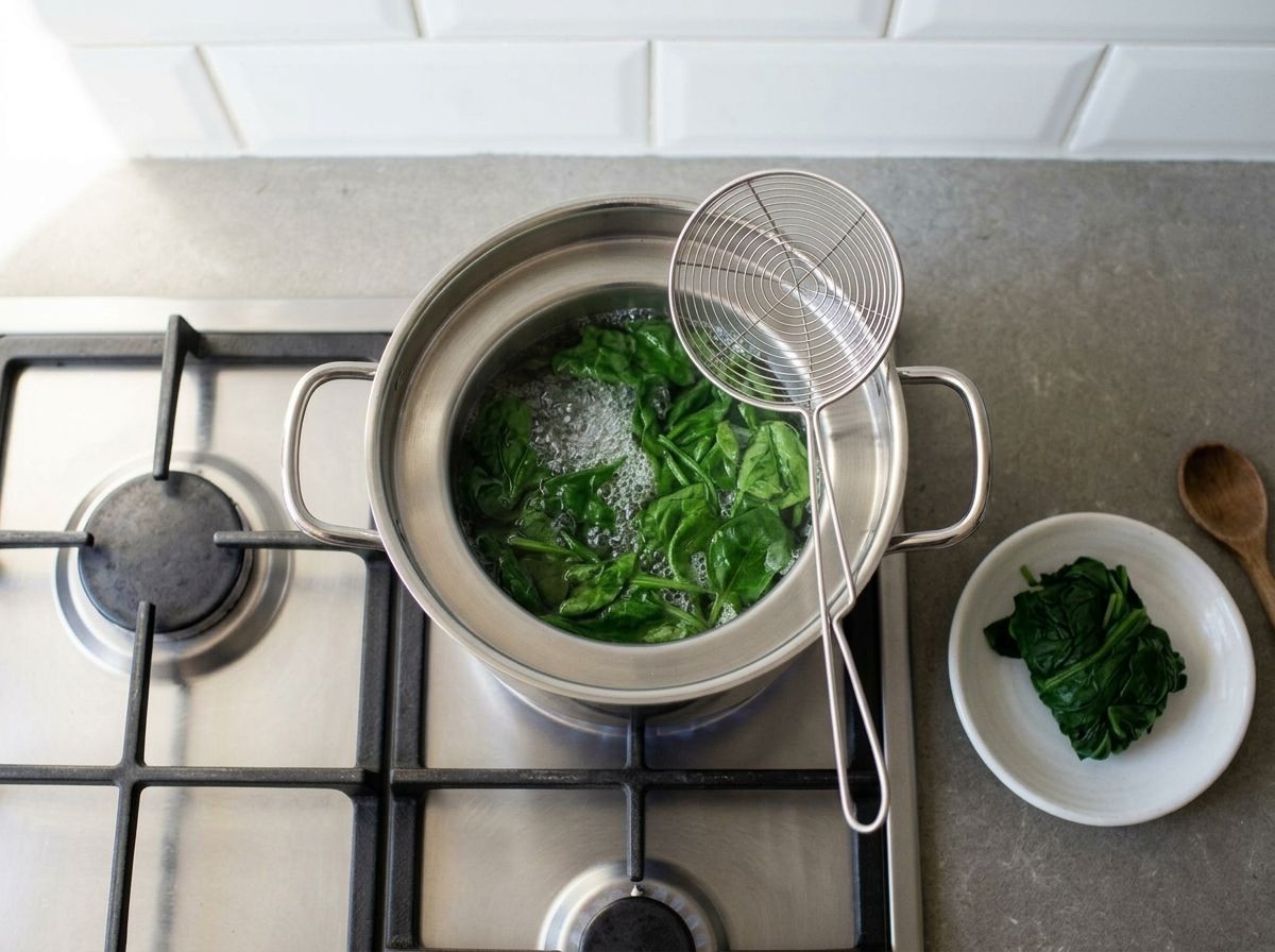 Spinach wilting in a pot of boiling water, with a squeezed bundle of blanched spinach drying on a plate beside the hob.