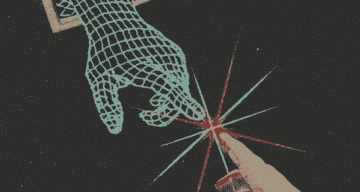 A wireframe hand reaches towards a glowing starburst emerging from a syringe.