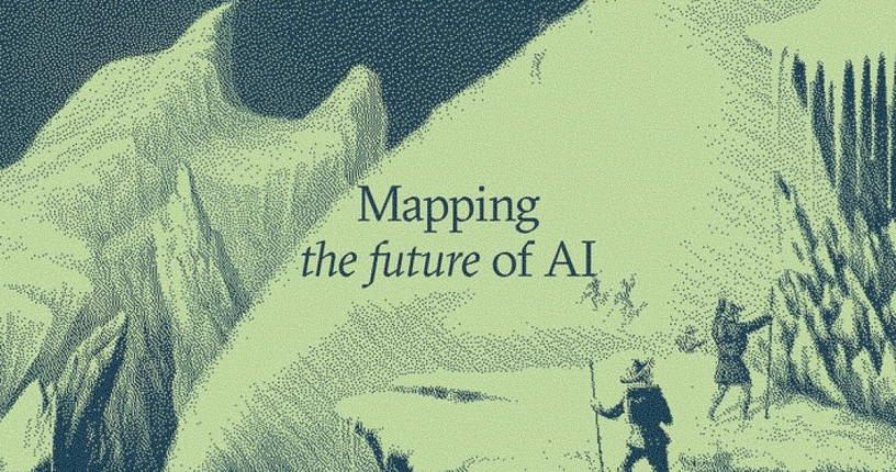 Stippled green and blue illustration of two explorers in a mountainous landscape with the text "Mapping the future of AI."