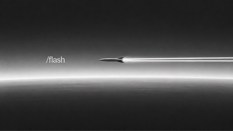 A grayscale image of a sleek rocket flying horizontally, leaving two bright light trails. The word "/flash" is on the left.