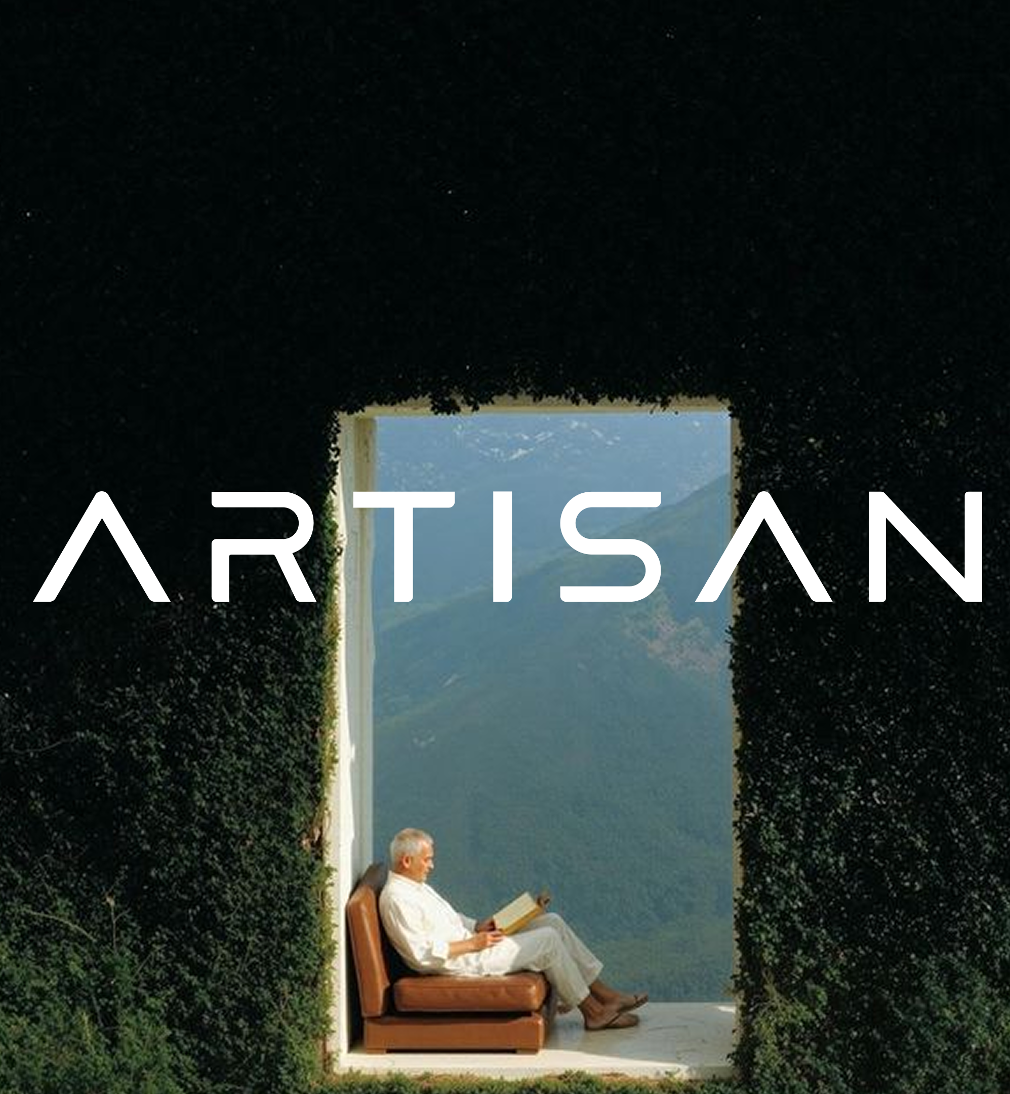 ARTISAN text above a man reading in an ivy-framed opening overlooking mountains.