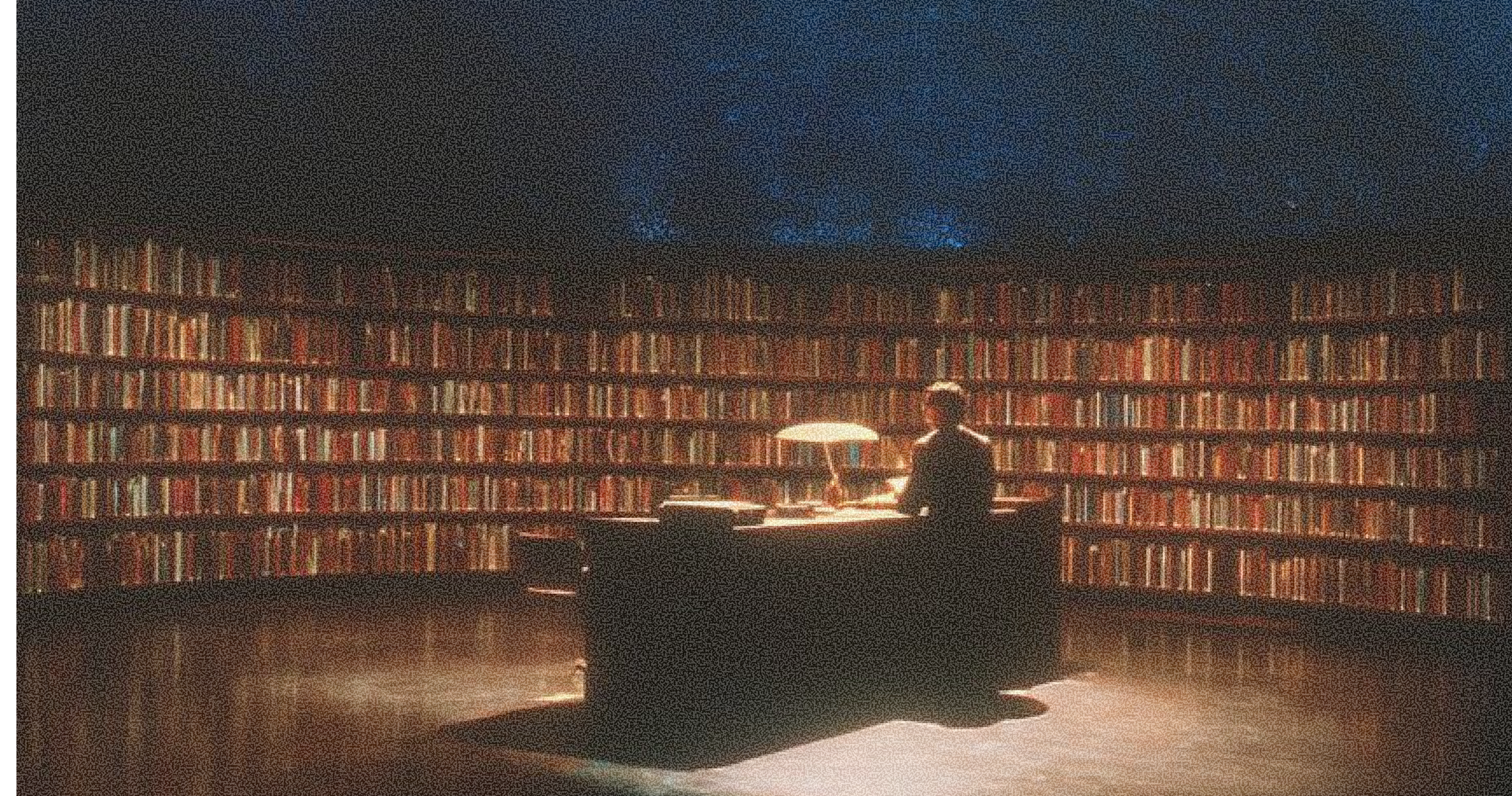 A person sits at a desk with a lamp, surrounded by tall bookshelves and a starry ceiling.