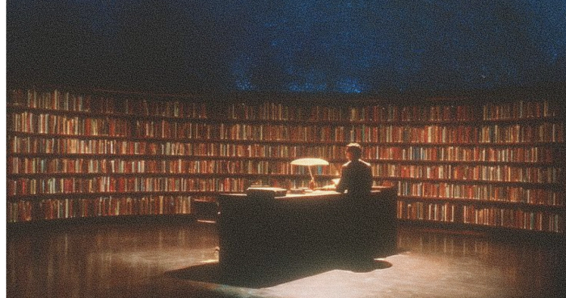 A person sits at a desk with a lamp, surrounded by tall bookshelves and a starry ceiling.