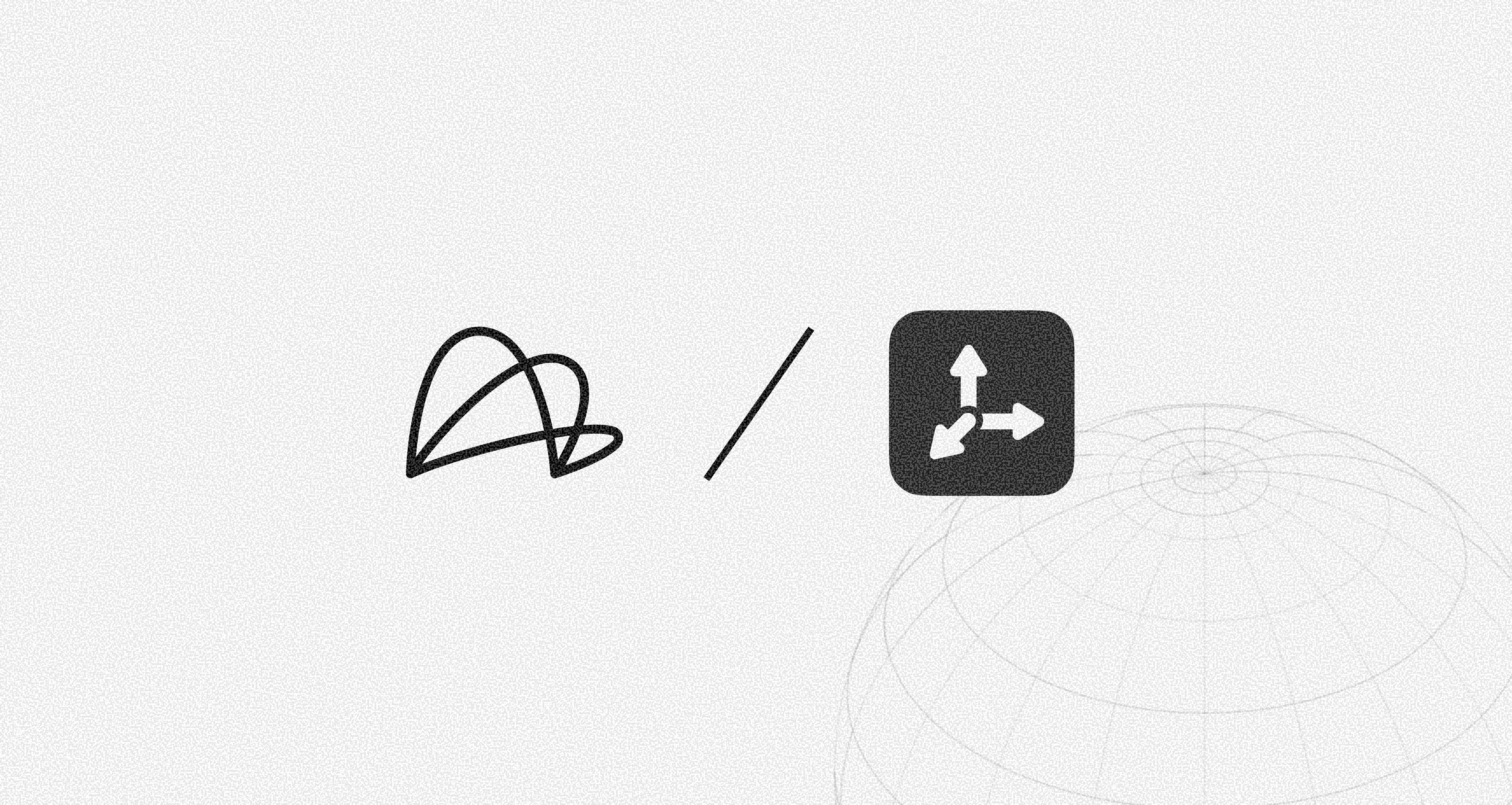 An abstract looping black line, a slash, and a dark icon showing 3D axes, over a subtle wireframe globe.