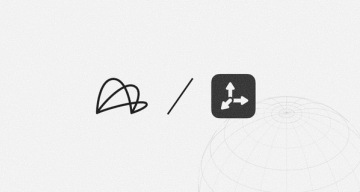 An abstract looping black line, a slash, and a dark icon showing 3D axes, over a subtle wireframe globe.