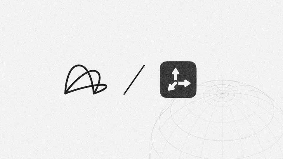 An abstract looping black line, a slash, and a dark icon showing 3D axes, over a subtle wireframe globe.