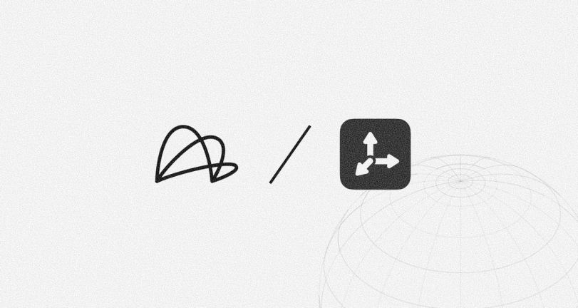 An abstract looping black line, a slash, and a dark icon showing 3D axes, over a subtle wireframe globe.
