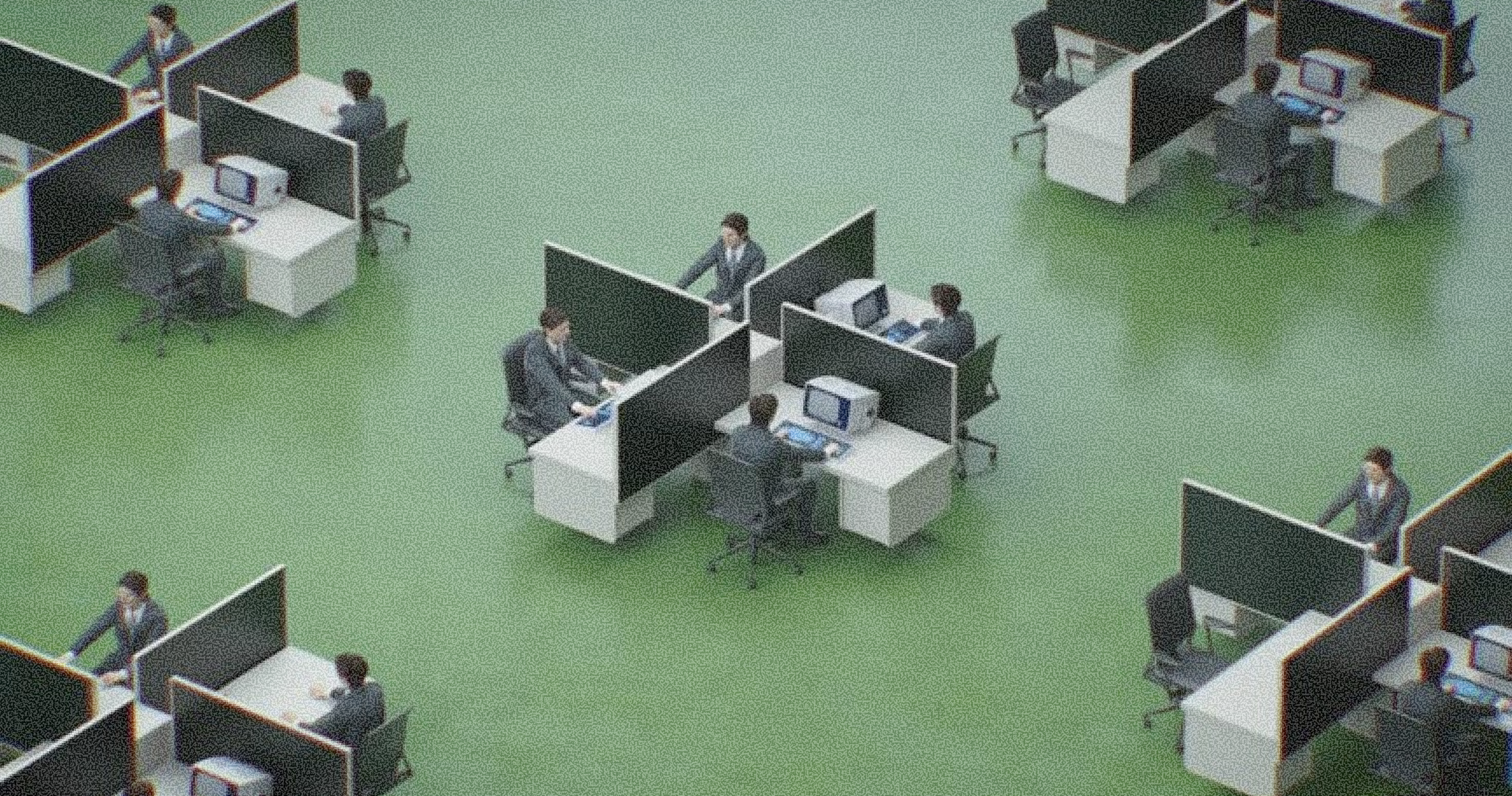 Green-floored office with workers in cubicles with vintage computers, arranged in repeating star patterns.