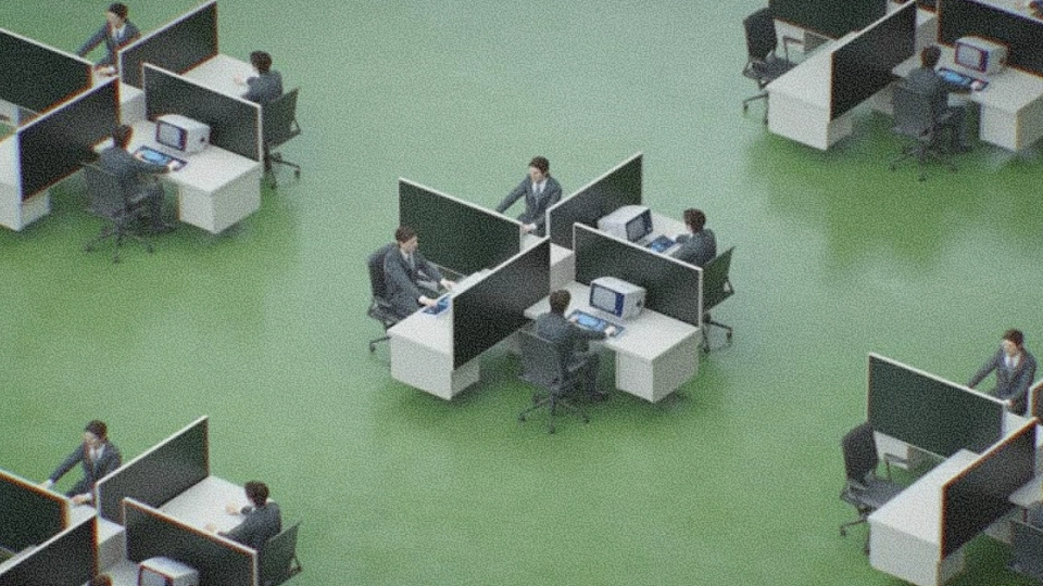 Green-floored office with workers in cubicles with vintage computers, arranged in repeating star patterns.