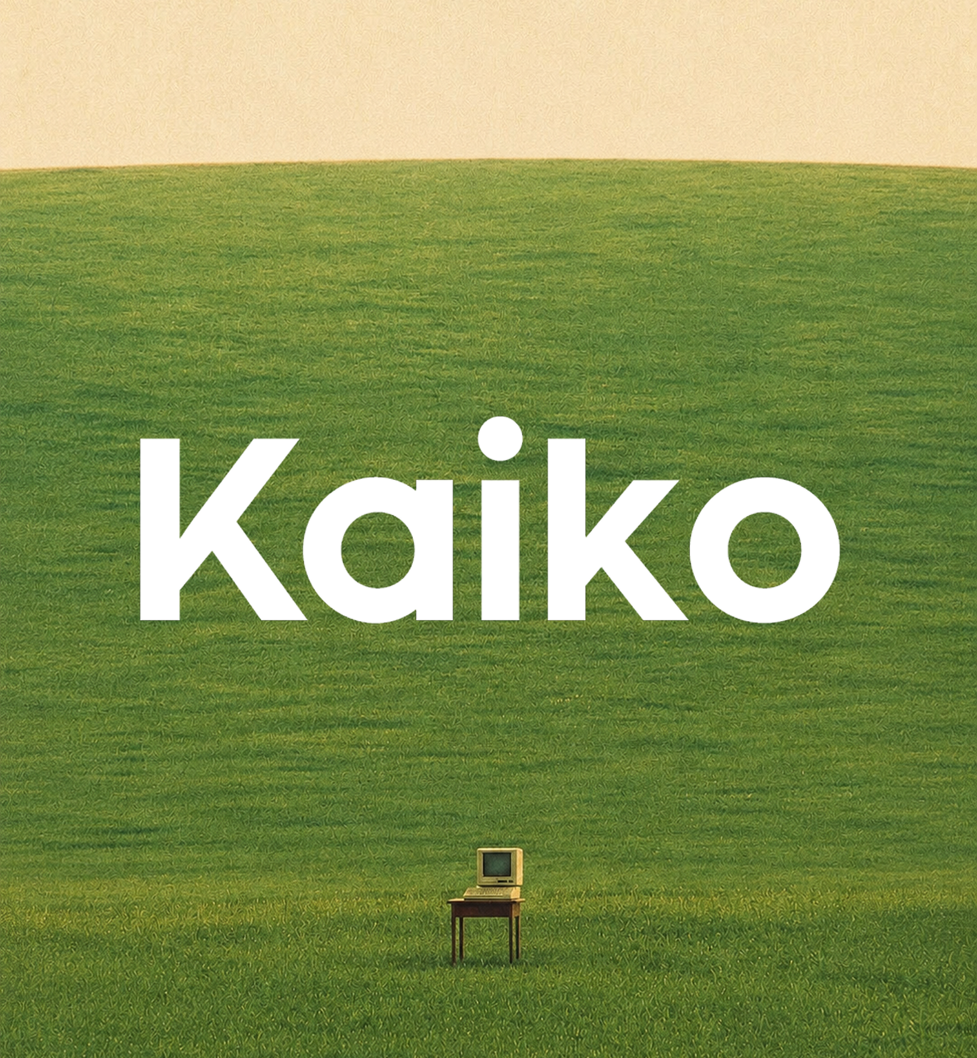 White "Kaiko" text over a green field with a vintage computer monitor on a small table.