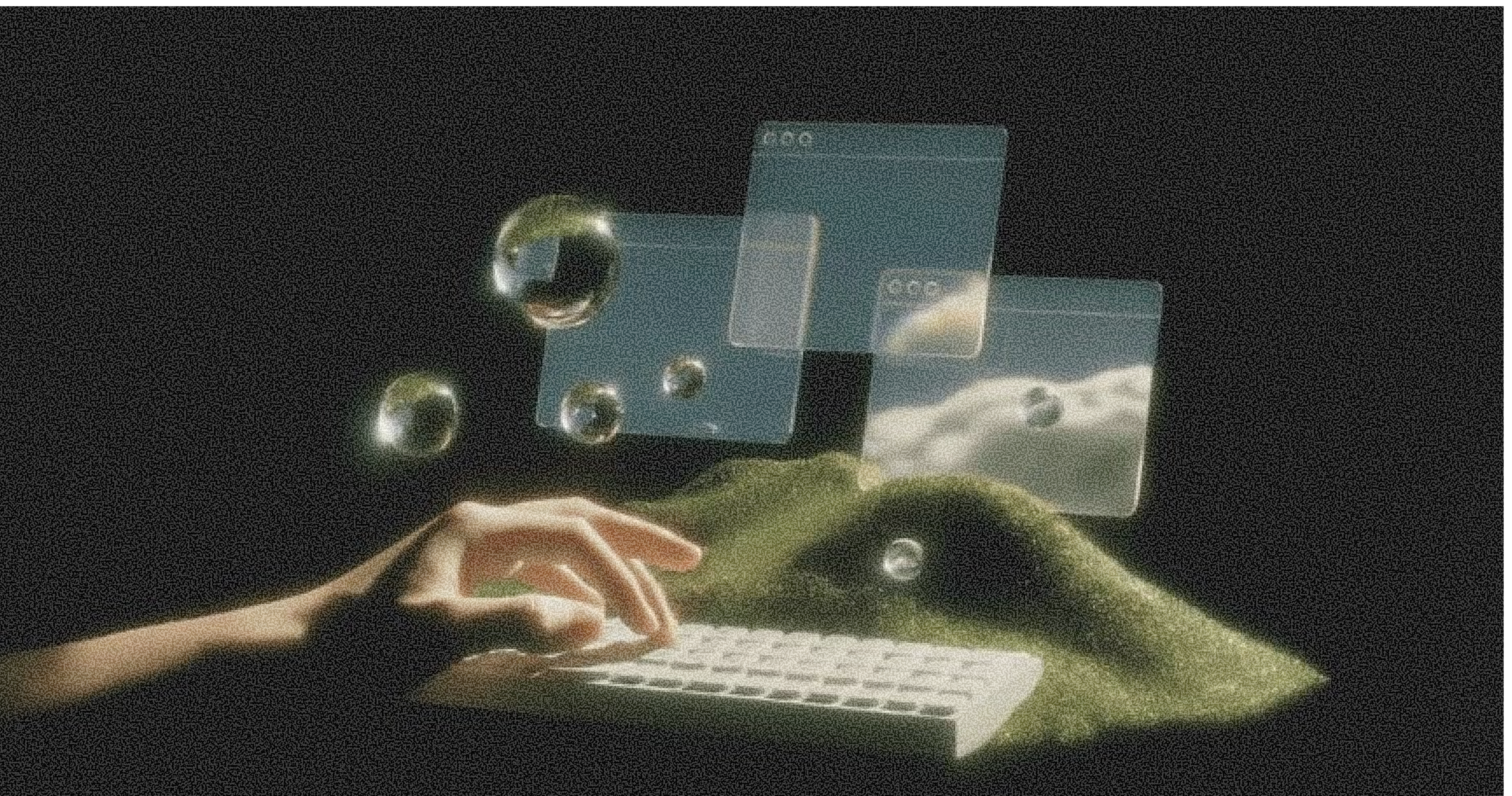 A hand types on a keyboard on a grassy mound, surrounded by floating translucent windows and reflective bubbles.