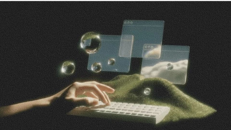 A hand types on a keyboard on a grassy mound, surrounded by floating translucent windows and reflective bubbles.