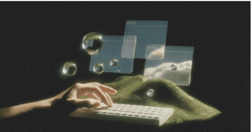 A hand types on a keyboard on a grassy mound, surrounded by floating translucent windows and reflective bubbles.